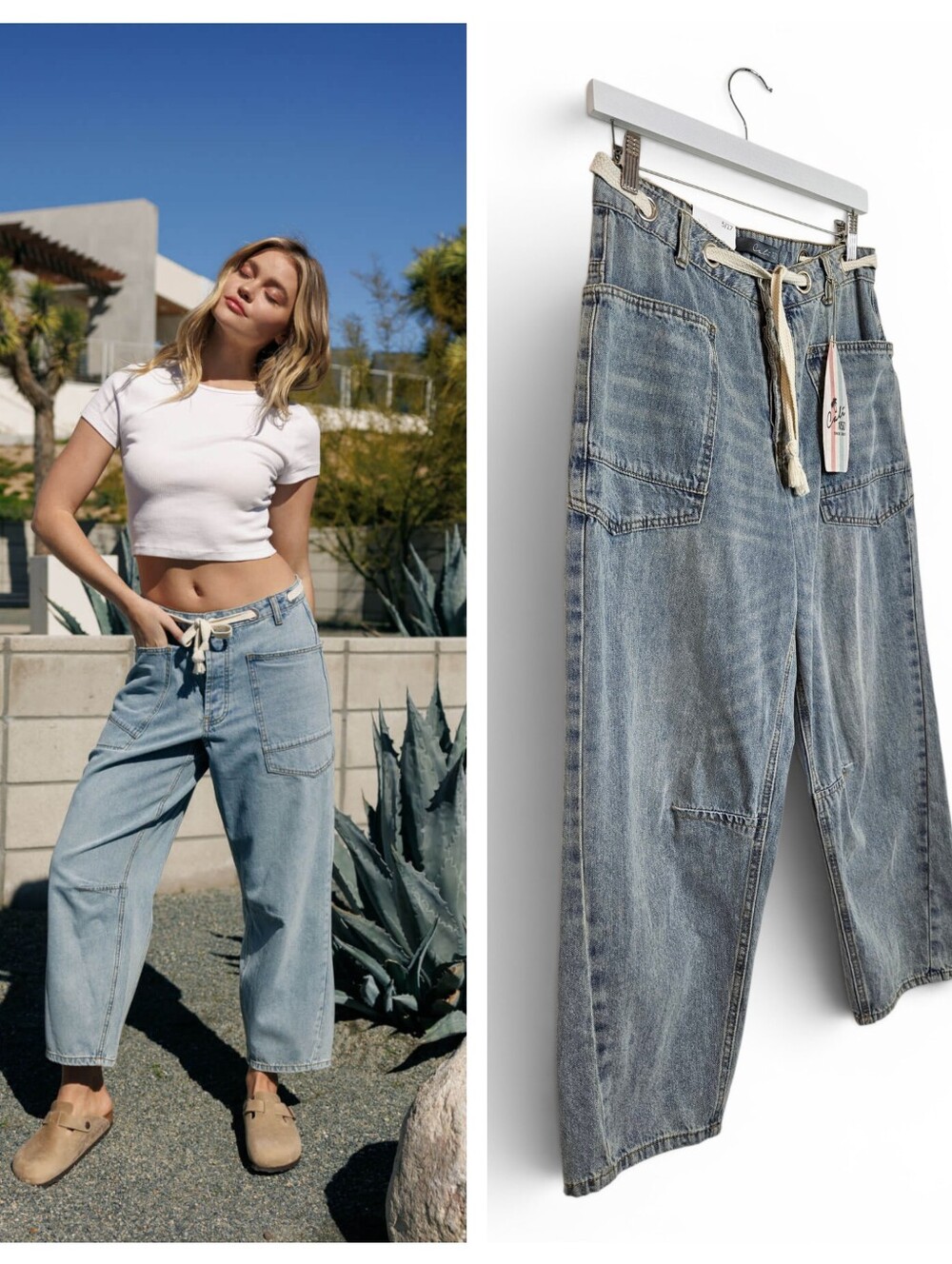 Cali 1850 Jeans 27 Low Slung Barrel Cargo Drawstring Medium Wash Blue NWT